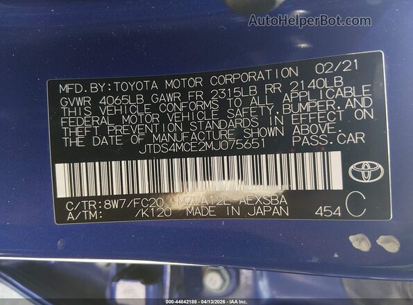 JTDS4MCE2MJ075651 2021 TOYOTA LL Blue 