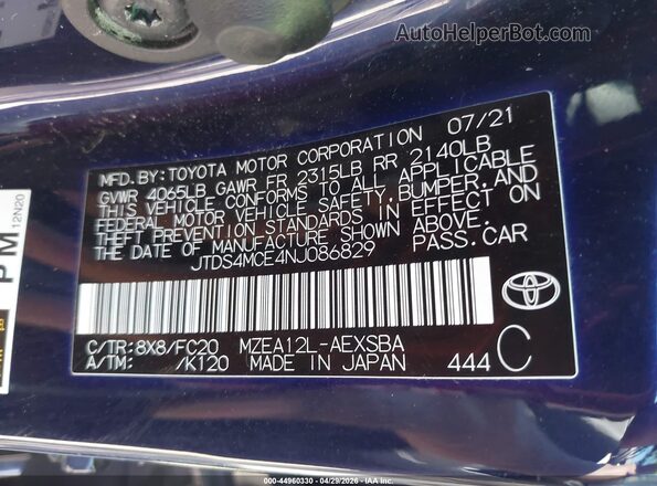 JTDS4MCE4NJ086829 2022 TOYOTA LL Blue Vista del compartimento del motor