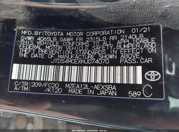 JTDS4MCEXMJ074070 2021 TOYOTA LL Black 