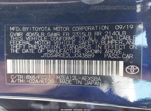 JTDS4RCE2LJ043889 2020 TOYOTA LL Синий Вид подкапотного пространства