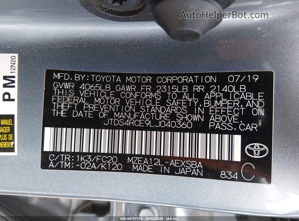 JTDS4RCE9LJ040360 2020 TOYOTA LL Blue Вид підкапотного простору