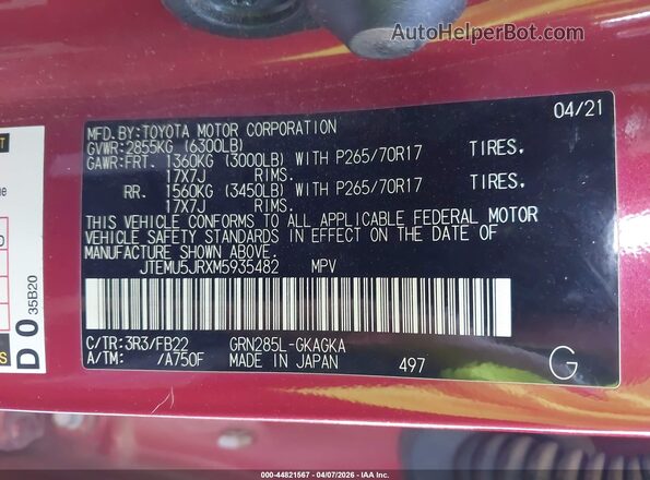 JTEMU5JRXM5935482 2021 TOYOTA 4RUNNER Red Widok komory silnika