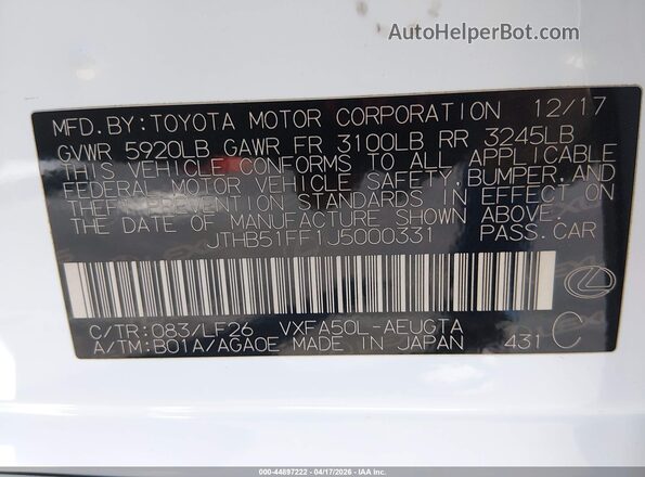 JTHB51FF1J5000331 2018 LEXUS LS 500 White Engine compartment view