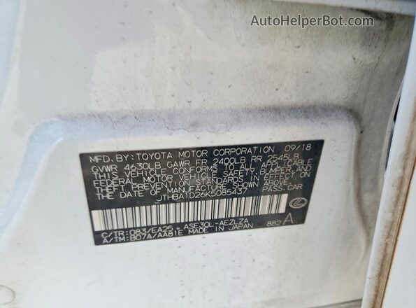 JTHBA1D26K5085437 2019 LEXUS IS White VIN კოდის სტიკერის ხედი