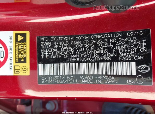 JTHBW1GGXG2107988 2016 LEXUS ES 300H Red Widok komory silnika