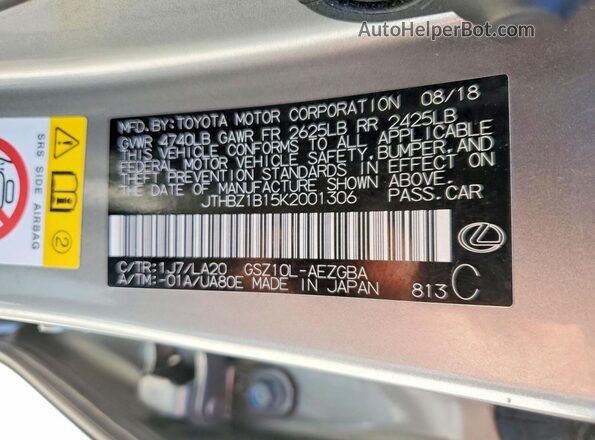 JTHBZ1B15K2001306 2019 LEXUS ES Gray 