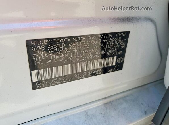 JTHBZ1BL4KA017293 2019 LEXUS GS White VIN sticker view