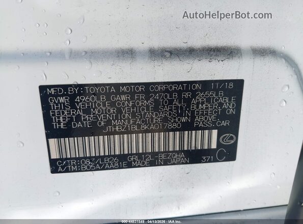JTHBZ1BL8KA017880 2019 LEXUS GS 350 White Vista del compartimento del motor