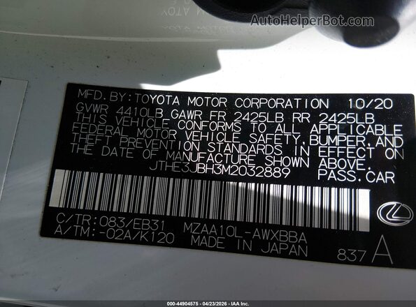 JTHE3JBH3M2032889 2021 LEXUS UX 200 White 