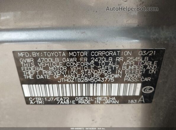JTHGZ1B28M5043775 2021 LEXUS IS 350 Silver Engine compartment view