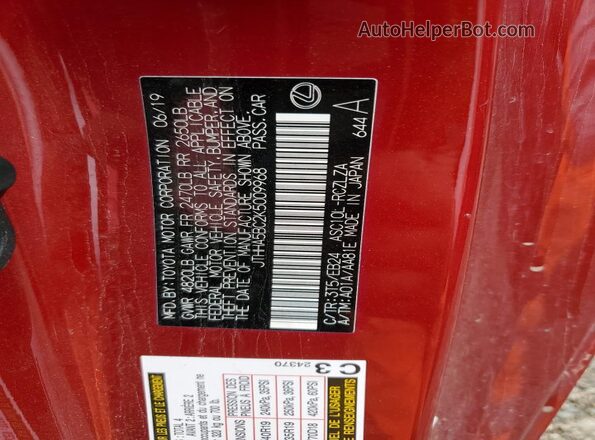JTHHA5BC2K5009968 2019 LEXUS RC Red ძრავის განყოფილების ხედი