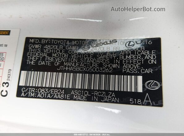 JTHHA5BCXG5003262 2016 LEXUS RC 200T White Vista del compartimento del motor