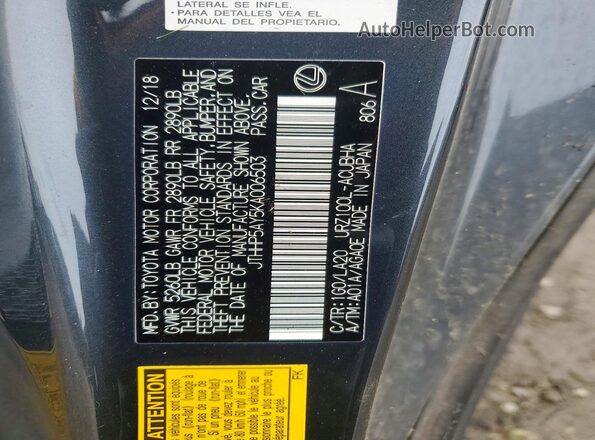 JTHHP5AY5KA006503 2019 LEXUS LC Gray Vista de la etiqueta del VIN