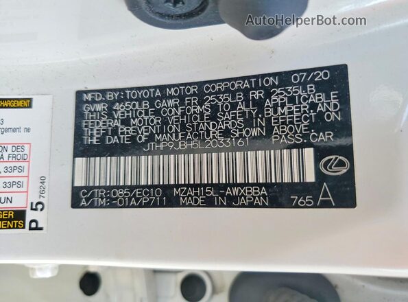 JTHP9JBH5L2033161 2020 LEXUS UX White Vista del compartimento del motor