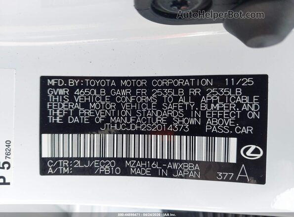 JTHUCJDH2S2014373 2025 LEXUS UX 300H White Вид підкапотного простору