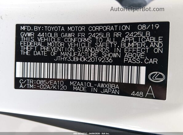 JTHY3JBH0K2019236 2019 LEXUS UX 200 White Widok komory silnika