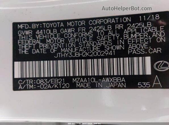 JTHY3JBH2K2002941 2019 LEXUS UX 200 White ძრავის განყოფილების ხედი