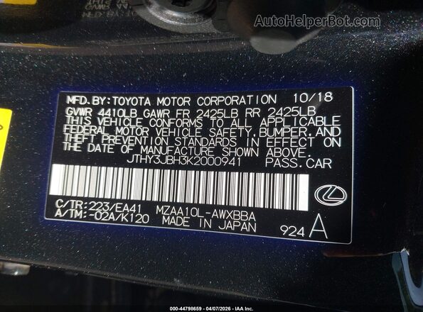 JTHY3JBH3K2000941 2019 LEXUS UX 200 Black Widok komory silnika
