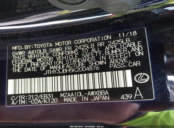 JTHY3JBH5K2004876 2019 LEXUS UX 200 Black Widok komory silnika