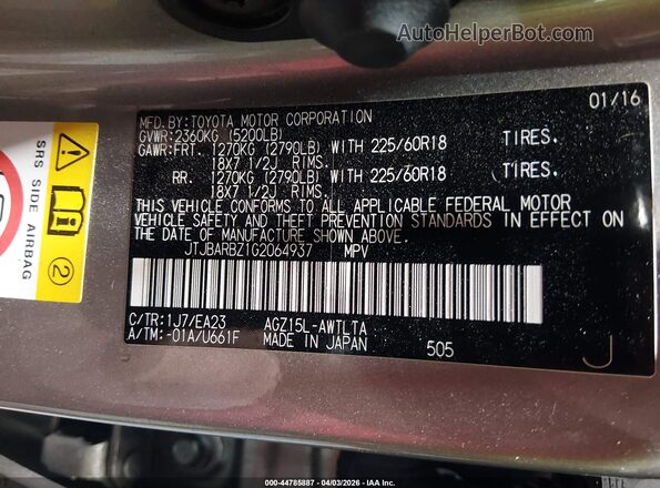 JTJBARBZ1G2064937 2016 LEXUS NX 200T Серебряный 