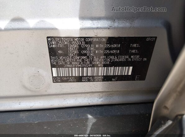 JTMAB3FV9MD050249 2021 TOYOTA RAV4 PRIME Silver ძრავის განყოფილების ხედი