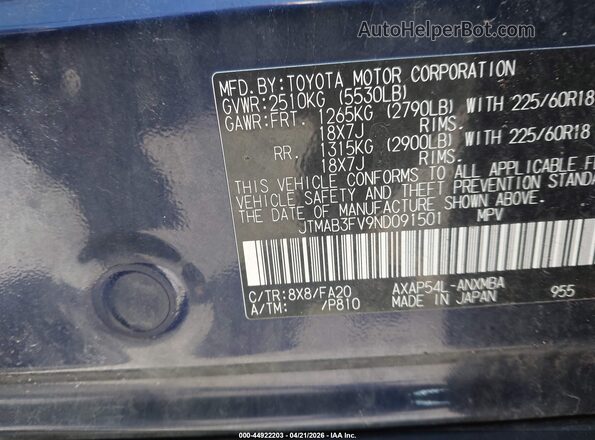 JTMAB3FV9ND091501 2022 TOYOTA RAV4 PRIME Blue Engine compartment view