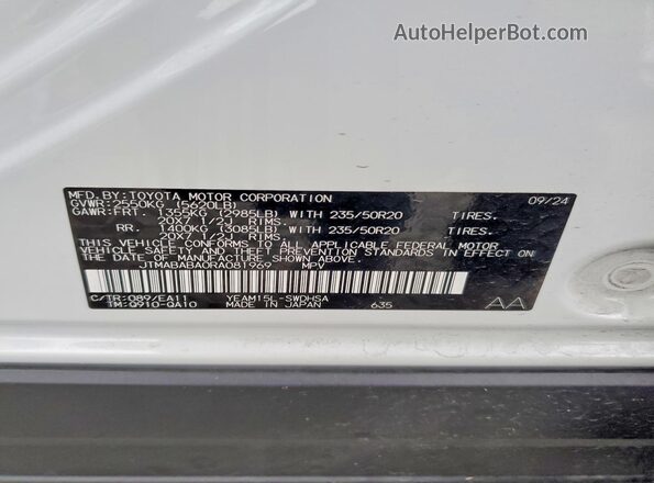 JTMABABA0RA081969 2024 SUBARU SOLTERRA White Vista de la etiqueta del VIN