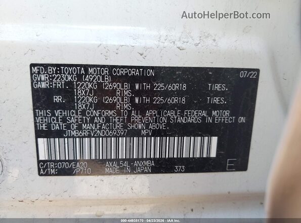 JTMB6RFV2ND069397 2022 TOYOTA LE White Вид підкапотного простору