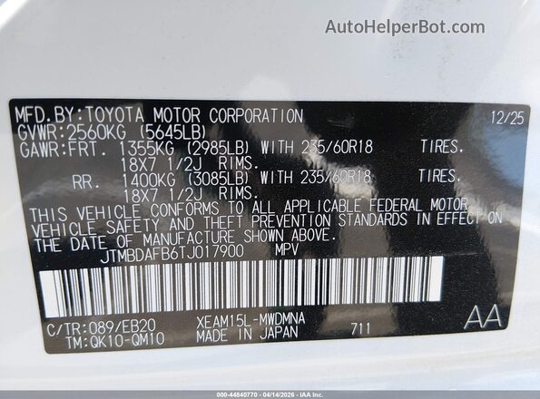 JTMBDAFB6TJ017900 2026 TOYOTA LE White 