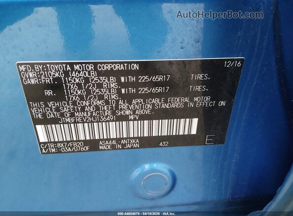JTMBFREV2HJ136491 2017 TOYOTA LE Blue Vista del compartimento del motor