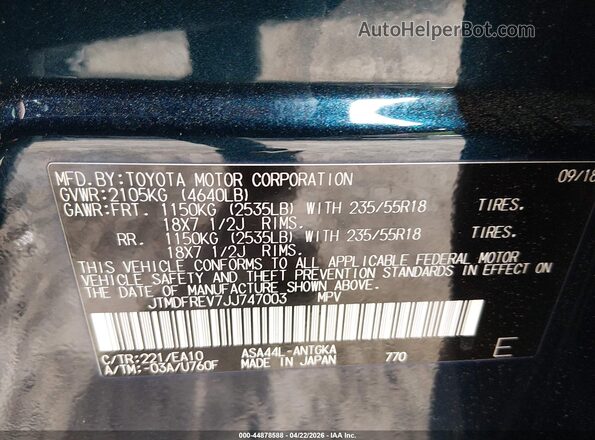 JTMDFREV7JJ747003 2018 TOYOTA LIMITED Blue Вид підкапотного простору