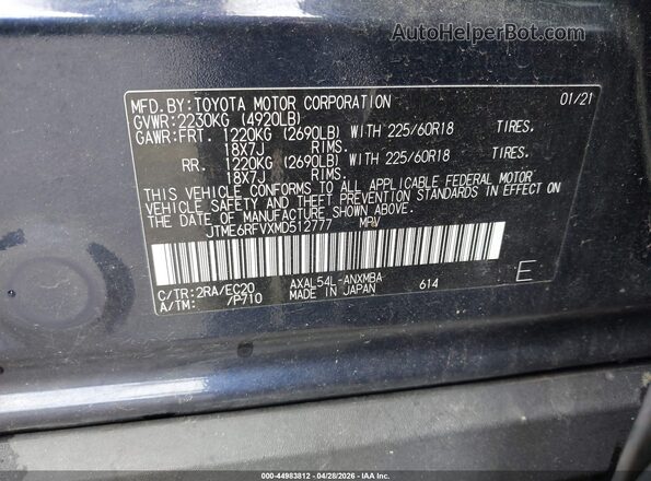 JTME6RFVXMD512777 2021 TOYOTA RAV4 HYBRID Blue Вид підкапотного простору