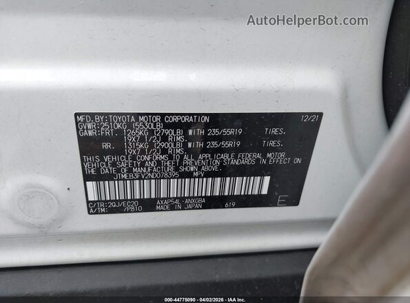 JTMEB3FV2ND078395 2022 TOYOTA RAV4 PRIME White ძრავის განყოფილების ხედი