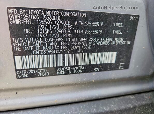 JTMEB3FV5MD032459 2021 TOYOTA RAV4 Silver Vista interior de 360 grados