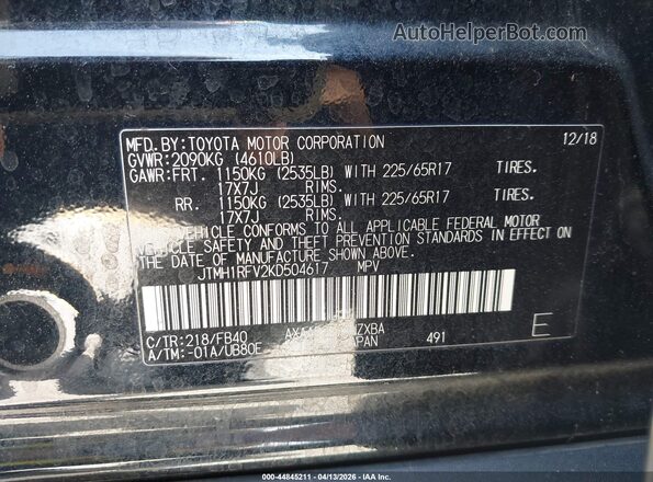 JTMH1RFV2KD504617 2019 TOYOTA LE Black Շարժիչի բաժամունքի տեսք