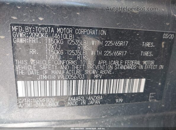 JTMH1RFV9LD056703 2020 TOYOTA LE Gray Vista del compartimento del motor