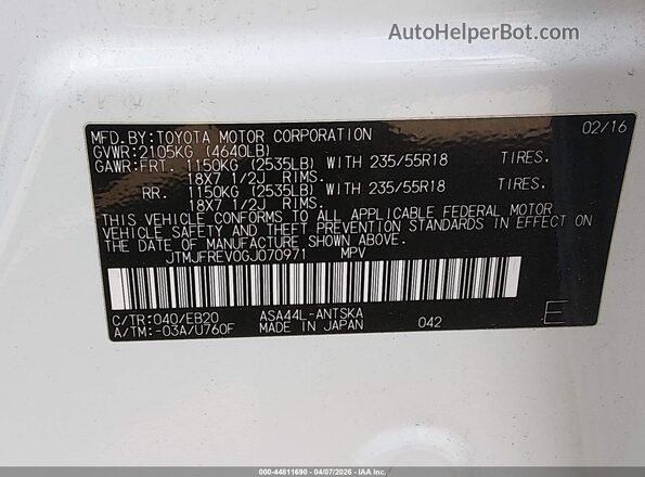 JTMJFREV0GJ070971 2016 TOYOTA RAV4 White Vista del compartimento del motor