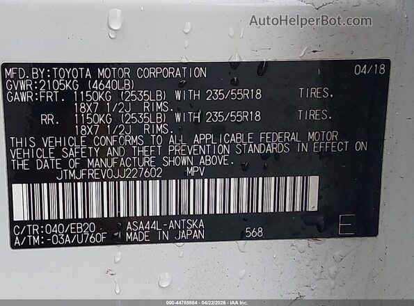 JTMJFREV0JJ227602 2018 TOYOTA RAV4 White Engine compartment view