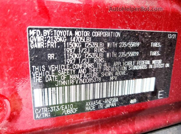 JTMN1RFV7ND085378 2022 TOYOTA LIMITED Темно-бордовый Вид наклейки с VIN-кодом