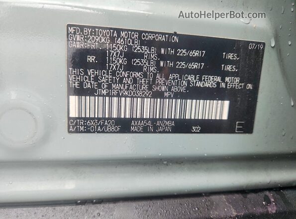 JTMP1RFV9KD038292 2019 TOYOTA LE Green Вид наклейки з VIN-кодом
