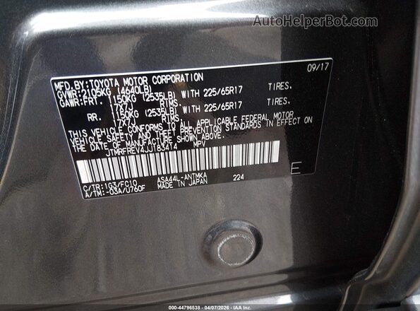 JTMRFREV4JJ183414 2018 TOYOTA LE Gray Engine compartment view
