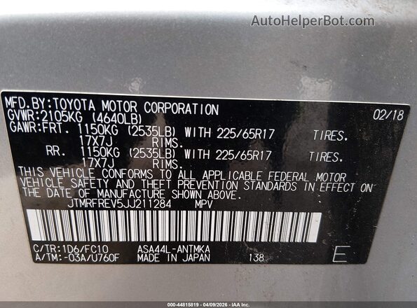 JTMRFREV5JJ211284 2018 TOYOTA LE Silver Engine compartment view