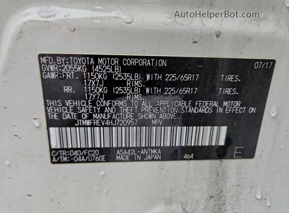 JTMWFREV4HJ720957 2017 TOYOTA LE White Vista de la etiqueta del VIN