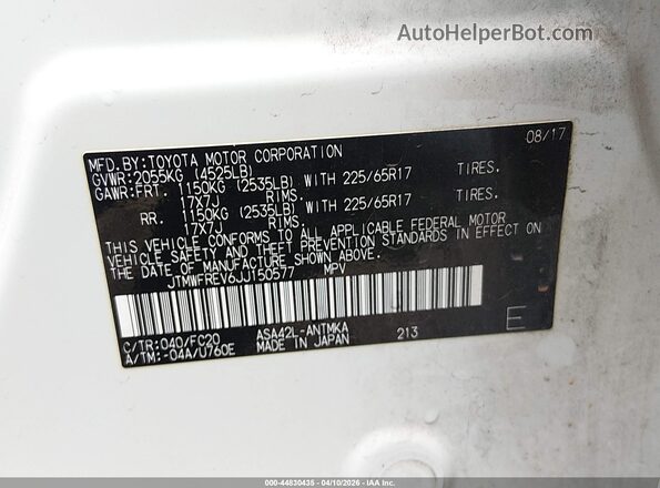 JTMWFREV6JJ150577 2018 TOYOTA LE White ძრავის განყოფილების ხედი