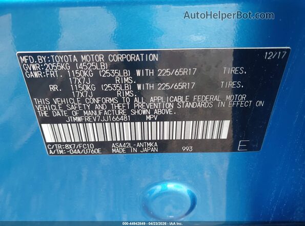 JTMWFREV7JJ166481 2018 TOYOTA LE Blue Vista del compartimento del motor