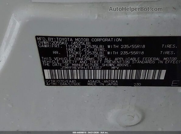 JTMYFREV9HJ147367 2017 TOYOTA LIMITED White 