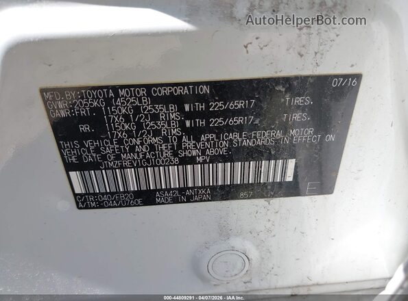 JTMZFREV1GJ100238 2016 TOYOTA LE White Vista del compartimento del motor