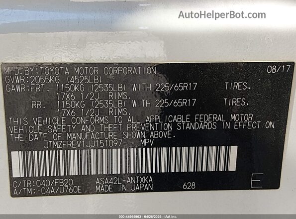 JTMZFREV1JJ151097 2018 TOYOTA LE White Vista del compartimento del motor