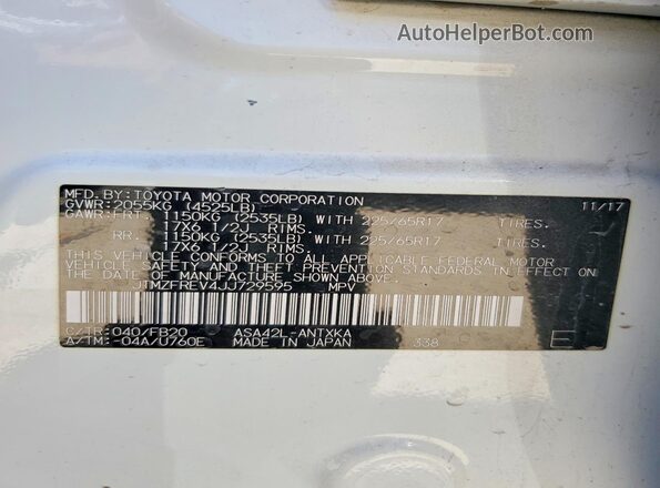 JTMZFREV4JJ729595 2018 TOYOTA LE White 
