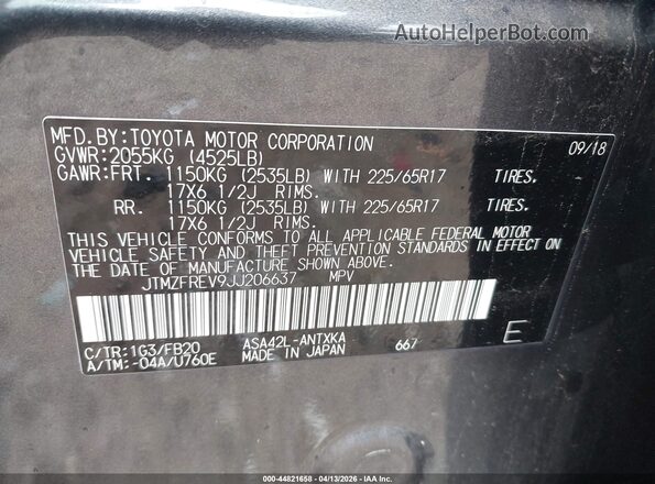 JTMZFREV9JJ206637 2018 TOYOTA LE Gray 